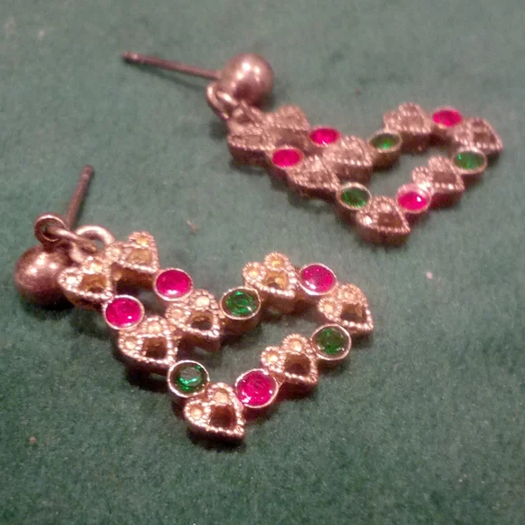 3/$18 Holiday Stocking Dainty Dangle Earrings Ruby Emeralds Sterling Silver - Picture 7 of 10